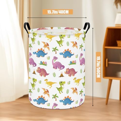 Round Laundry Basket Collapsible Storage Hamper Organizer Cute Dinosaur | Waterproof Canvas Foldable Baskets with sturdy Handles Multi-scene Organizer for Home Play Bedroom Gift Bin