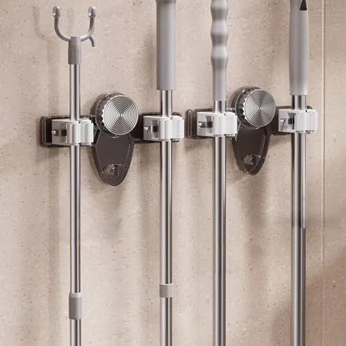 2PCS Suction Cup Broom Holder Wall Mount, No Drill Mop and Broom Organizer with Retractable Towel Rack, Transparent Bathroom Storage, Grey Holder and Mop Wall Mount Hanger Organizer Hangi