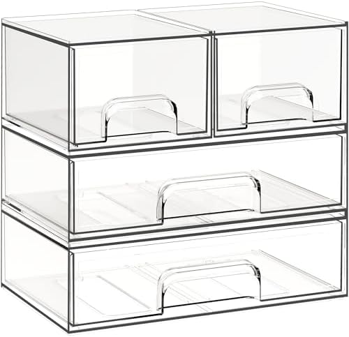 Criusia Stackable Storage Drawers, 4 Pack Clear Plastic Makeup & Bathroom Organizer, Versatile Storage Bins for Vanity, Under Sink, Kitchen Cabinets & Pantry