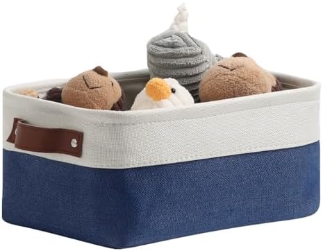 DULLEMELO Small Storage Bin,Small Fabric Rectangular Storage Basket for Shelves,Collapsible Bin for Toy and Clothes Storage (White&Blue,1 Pack)
