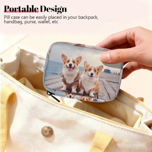 Travel Pill Organizer Two Cute Corgi Dogs Beach Pet Small Pill Case