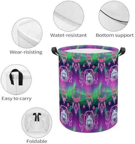 Large Foldable Laundry Basket Flower Dream Catcher Boho Wolf, Waterproof Hamper with Handles for Clothes, Toys, and Towel Organization at Home