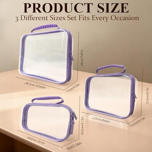 3 PCS Clear Zipper Pouches with Handle, Diaper Bag Organizer, Clear Makeup Bags Hardshell Toy Storage Bins with Zipper Toiletry Pouch Bag for Cosmetics Pencils Puzzles, Building Blocks(Purple)