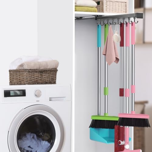 Pull Out Broom Holder With Adjustable Double Row Sliding Hook-Grey 18IN | Multifunctional Slide Broom And Mop Storage/Organizer Garage Organization Hooks, for Closet Laundry Garage Kitchen