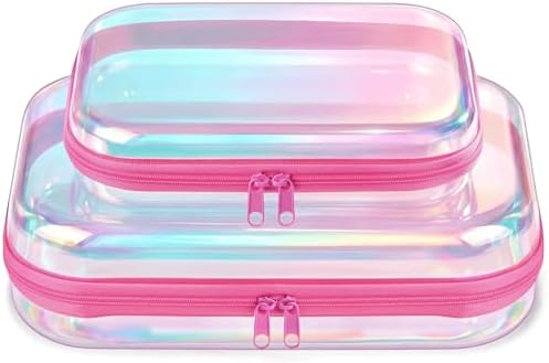 Clear Hard Shell Zipper Cases, 2 Pack, Iridescent | Water-resistant, crush-resistant PET shell protects toiletries, cosmetics, electronics, toys & baby items for travel and home