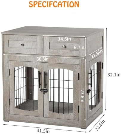 Dog Crate Furniture with Double Storage Drawers, Wooden Dog Kennel End Table Furniture Style Crate for Small, Medium & Large Dogs, Decorative Pet House with Storage, 32 Inch Gray Modern Dog Cage