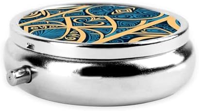 Blue Polynesian Maori Tribal Pattern Printed Pill Organizer,Round Travel Pill Organizer Mini Medicine Pill Box for Purse Iron Plating