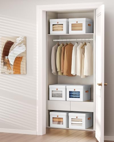 Homsorout Storage Bins with Lid – Closet Organizer with Side Opening and Clear Window, Foldable Stackable Fabric Basket for Clothes, Home, Office - 13.77" x 11.8" x 9.8", 3 Pack, White