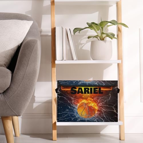 Basketball Storage Bin with Lid Personalized Storage Baskets for Organizing Foldable Closet Organizers with Handles,Cute Basket for Boys Girls for Clothes Blanket Pet Dog Toy Basket Storage (1 Pack)