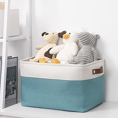 DULLEMELO Fabric Storage Basket for Shelves/Closets, Collapsible Rectangle Basket for Organizing Clothes, Toys, Towels, Books, Laundry, Nursery, Dog Toy Basket Empty (White&Teal)