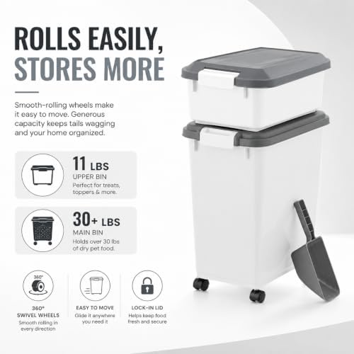Airtight Pet Food Storage Container with Wheels and Scoop, Moisture-Proof Dog Cat Food Bin, Easy-Moving Kitchen Pantry Organizer (30 Lbs. + 11 Lbs.)