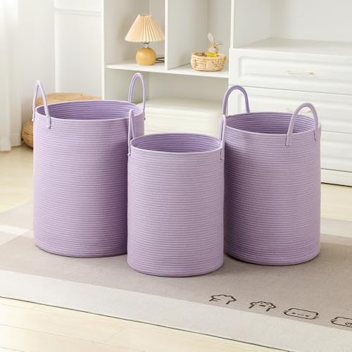 Laundry Basket Hamper Tall Rope Storage Woven for Blanket Toys Dirty Clothes in Living Room Bathroom Bedroom Purple 60L/15.8Gal