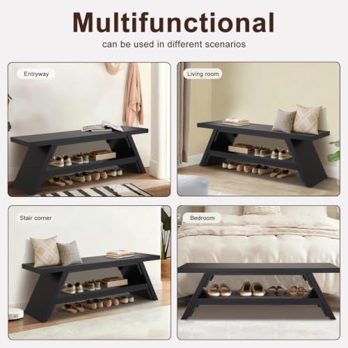 2-Tier Shoe Storage Bench, 55" Large Solid Wood Entryway Stool Storage | Shoes Racks for Entryway, Spacious Multi-Purpose Bench for Families, Guest Entryways, and High-Traffic Areas
