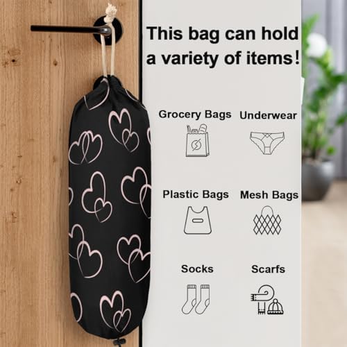 Pardick Plastic Bag Holder Black Heart Wall Mount Grocery Bag Holder Wasgable Plastic Bag Dispenser Garbage Bag Organizer for Home Kitchen Decor, Gifts for Women Mom Family Friends
