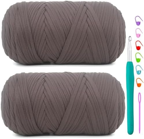 2 Pack Tshirt Yarn for Crochet,Coffee Brown T Shirt Soft Elastic Fabric Chunky Thick T-Shirt Crochet Yarn for Crocheting Knitting Beginner Hand Knitting Bag/DIY Craft/Home Decor 2 * 400G-Dark Coffee