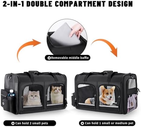 Cat Carrier for 2 Cats,Double Cat and Dual Dog Carrier Large for Two Pets | Collapsible ,Small to Medium Size, 2 Front Zippered Compartments,Removable Divider,Multiple Cat Cabin (Black)