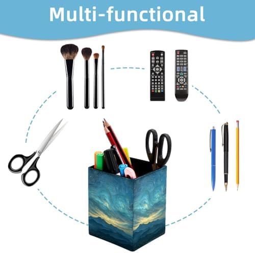Mountain and Starry Sky Pen Holder for Desk Decor, Rectangular PVC Leather Pencil Cup for Desk Pen Organizer, Makeup Brush Holder for School, Home, Office