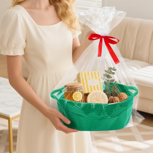 Woven Basket with Gift Bags and Ribbons, 14"X 10" X 6" Storage Basket Green | Gift Storage Organizer Basket Bin Shelf Shelves Cotton Rope Basket for Nursery, Pet Toys