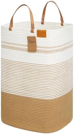 danpinera Large Laundry Hamper – 75L Tall Woven Cotton Storage Basket with Leather Handles, Slim Dirty Clothes Hamper, Decorative Storage Basket for Blanket,Toys White & Jute