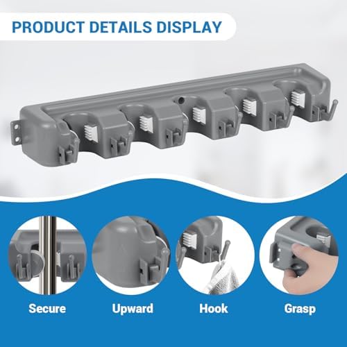 HOME MASTER HARDWARE (2 Pack 16 in Broom Mop Holder Garage Storage Organizer with 5 Racks 6 Hooks Adjustable Wall Mounted Storage Tool for Lanudry Garage Kitchen Garden
