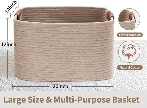 Large Cotton Rope Storage Basket with Leather Handles, Laundry Hamper Basket, 20 "L x 14" W x 12 "H, Durable & Stylish Organizer for Home.(Large Khaki)