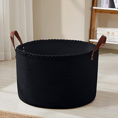 XLarge Round Cotton Rope Storage Basket, 21x21x14, Black