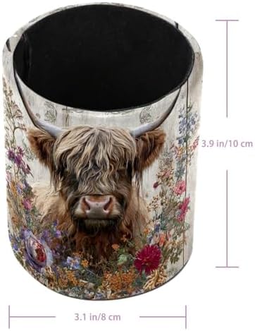 Faux Leather Pen Holder for Desk, Pencil Organizer Highland Cow Pen Cup Desk Decor Makeup Brush Holder Storage for Office Home