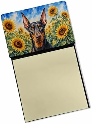 Caroline's Treasures Doberman Pinscher in Sunflowers Watercolor Sticky Note Holder Refillable Dispenser Desk Accessory 3x3 Pad Gift