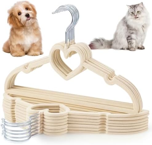 24 Pcs Pet Hangers 13'' Non-Slip Velvet Metal Hooks,Beige | 360° Swivel Rustproof Hooks, Space-saving for Dogs Cats, Home Closets and Grooming Salons, Small Pet Organizer