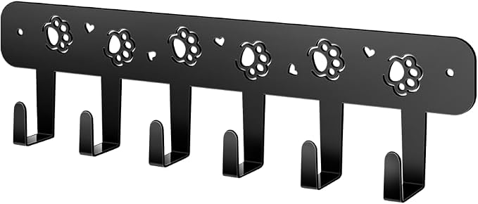 Dog Leash Holder for Wall, Extra Wide 6 Hook Key Rack with Pet Paw Print & Heart, Matte Black Rust-Proof Pet Organizer for Thick Leashes & Keys, Perfect for Mudroom & Entryway, Dog & Cat