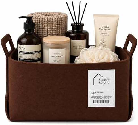 Brown Felt Storage Basket with Handles, Foldable Fabric Bin Organizer | Collapsible Decorative Basket for Shelves, Closets, Toys & Nursery – Versatile Fabric Bin for Home, Bedroom and Playroom