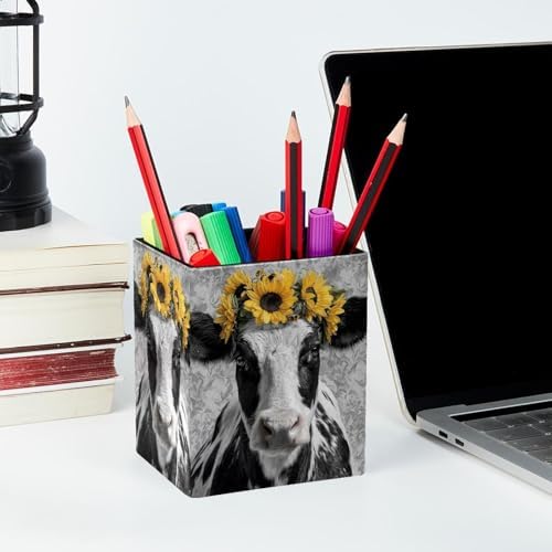 Sunflower and Cow Pen Holder for Desk Decor, Rectangular PVC Leather Pencil Cup for Desk Pen Organizer, Makeup Brush Holder for School, Home, Office