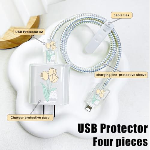 Cute Cable Protector for iPhone 18W/20W Adapter Charger with Kawaii Bunny Tulips Design, Soft TPU Clear Cord Wire Saver Data Line Cable Case Charger Protector for iPhone 11 12 13 14 15 Pro Max
