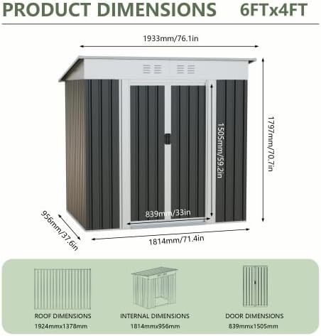 6x4 FT Outdoor Metal Garden Shed with Sliding Door, Heavy Duty Patio Storage Shed for Backyard Lawn Tools, Weather Resistant Steel Frame Utility Shed for Outdoor Storage