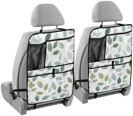 2 Pack Back Seat Car Organizer with Storage Pockets Kick Mats Back Seat Protector Hanging Car Organizer Automotive Seat Back Cover Organizers Fresh Green and Grey Leaves