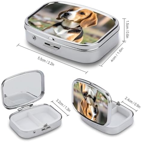 Metal Pill Box with Mirror - 2 Compartment Travel Pill Case for Purse Portable Pillbox Compact Vitamin Container Ovely Pet Dog Beagle Medicine Organizer for Fish Oil & Supplement