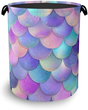 Glitter Fish Scales Laundry Hamper,Mermaids Dirty Clothes Laundry Basket with Handles Waterproof Oxford Cloth Storage Basket for College Dorms Bathroom Bedroom 16" x 20.8"