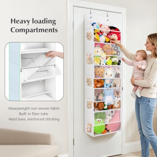 Univivi Over Door Stuffed Animal Storage,5-Tier Toy Organizer,White | Breathable Mesh, Dustproof Zipper Pockets, Clear PVC Window, Heavy Duty, for Playroom & Bedroom