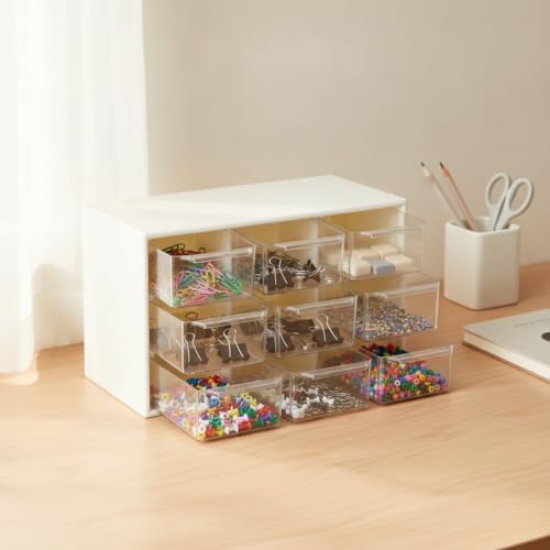 Desktop & Drawer Organizer for Small Items, 9-Compartment Clear PET Storage Caddy with Sliding Drawers (White)