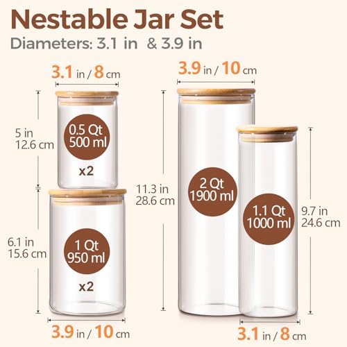 ComSaf Glass Storage Jars 6 Pack, Pasta Containers, Pantry Organization | Tall Glass Jar, Storage Containers Set of 6 (2Qt/1.1Qt/1Qt*2/0.5Qt*2), Kitchen Canisters, Pantry Storage, Spaghetti, BPA Free