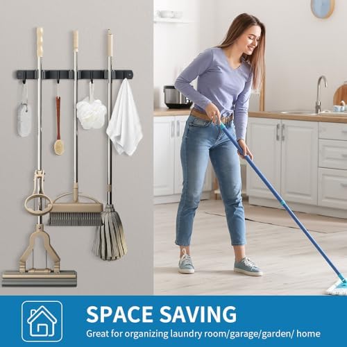 JAMEND CLXP Broom Hanger and Mop Holder, Heavy Duty Garden Tool Organizer Rack Rake and Shovel Handle, Stainless Steel Wall Mounted Utility Rack with Screws (5 Racks with 4 Hooks, Matte Black).