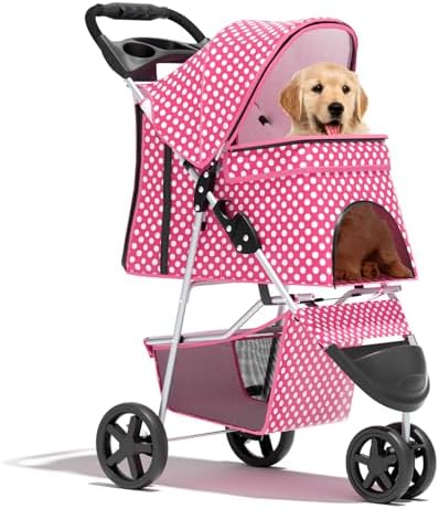 Foldable 3-Wheel Pet Stroller for Dogs & Cats, Pink Polka Dots | Storage Basket & Cup Holder, Breathable Mesh Cover, Lightweight and Durable, for Small to Medium Pets, up to 33 lbs