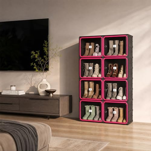 Shoe Rack Organizer, Shoe Storage Cabinet, Black 4-Tier 16-Pair | Foldable Shoe Rack for Closet with Transparent Magnetic Doors, Tool-Free Setup, Free Standing Boot Cabinet Box
