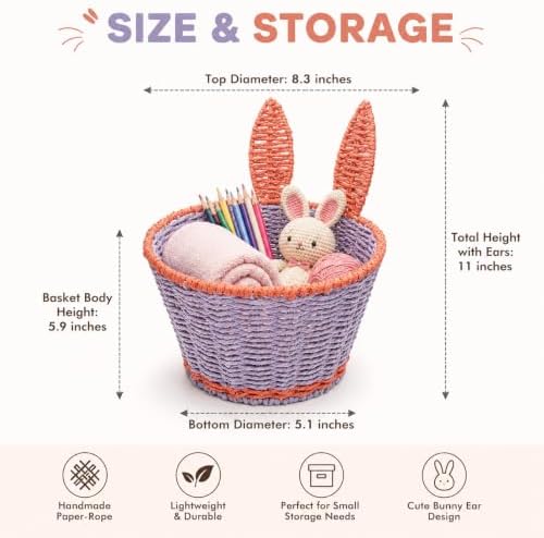 Bunny Boho Decor Storage Basket,Handmade Paper Rope Basket,Small | 100% Handmade Decor Bin,2 Color Blocking,Create An Organized Life,for Toilet Paper,Living Room,Table,Bedside,Pet Organizing