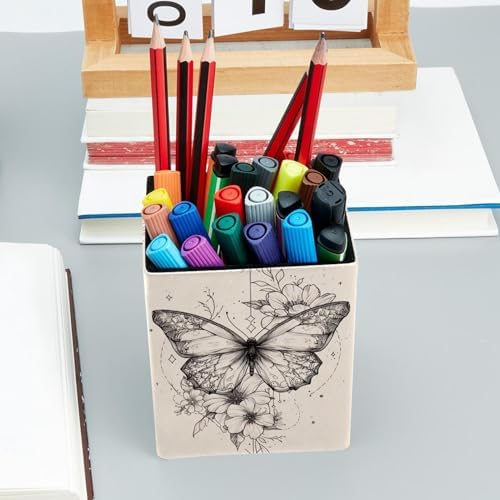 Simple Butterfly Pen Holder for Desk Decor, Rectangular PVC Leather Pencil Cup for Desk Pen Organizer, Makeup Brush Holder for School, Home, Office