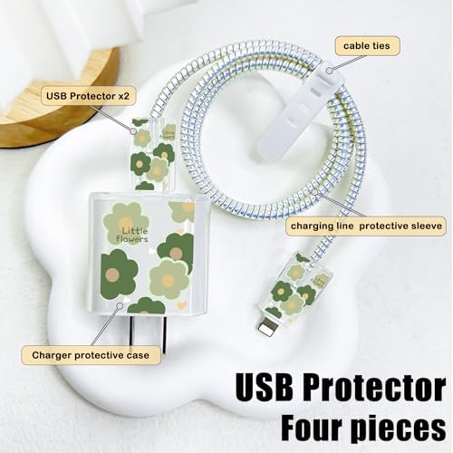 Cute DIY Cable Protector for iPhone Adapter Charger, Green Little Flowers Design, Soft TPU Data Cable Case Data Line Cord Saver Charger Protective Case for iPhone 11 12 13 14 15 Pro Max