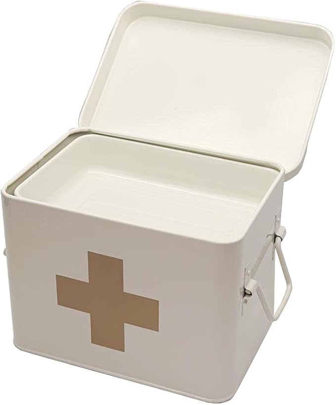 Lassos Boutique Retro Enameled First Aid Box for Medicine Storage and Home Decor with Lid and Removable Tray