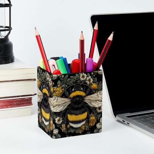 Cute Bee Pen Holder for Desk Decor, Rectangular PVC Leather Pencil Cup for Desk Pen Organizer, Makeup Brush Holder for School, Home, Office
