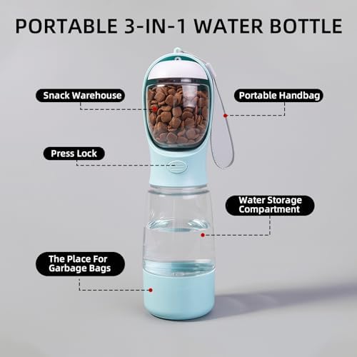 3-in-1 Portable Dog Water Bottle Leak Proof 14oz Blue | Pet Water Dispenser with Built-in Snack Storage, Waste Bag Holder, For Outdoor Walking, Hiking Travel