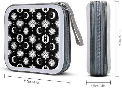 Protective DVD Case Holder Black And White Crescent Moon Sun And Moon, 40-Capacity Hard Plastic Binder with Zipper, Portable CD Organizer for Car Home